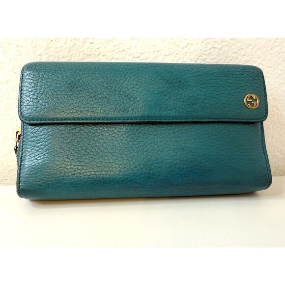 Gucci Interlocking GG Long Zip Around Wallet- Teal Preloved Great Condition - Picture 1 of 6